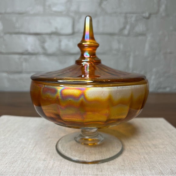 Vintage MCM Marigold Iridescent Carnival Glass Lidded Footed Candy Dish With Lid - Picture 4 of 10
